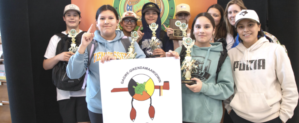 Group of students from Crossroads Public School in Devlin, Ont. won the first place award in the Senior Division of SGEI’s Gagwe-gikendamaawiziwin.